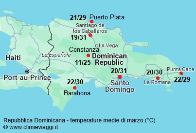 Repubblica Dominicana - mappa con le temperature medie a marzo