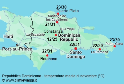 Repubblica Dominicana - mappa con le temperature medie a novembre