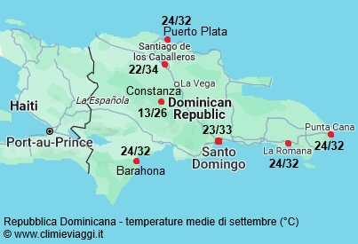 Repubblica Dominicana - mappa con le temperature medie a settembre