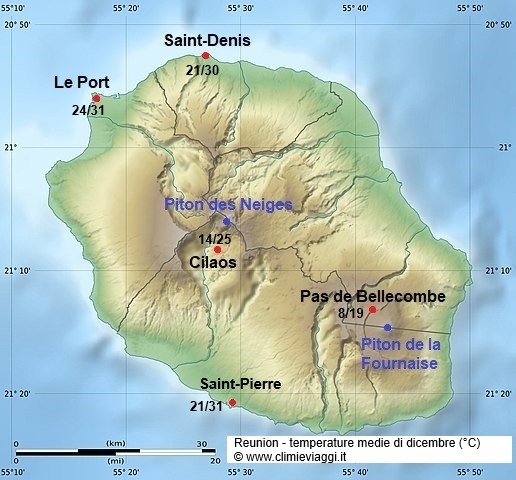Reunion - mappa con le temperature medie a dicembre