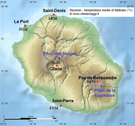Reunion - mappa con le temperature medie a febbraio