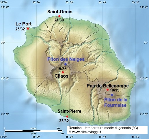 Reunion - mappa con le temperature medie a gennaio