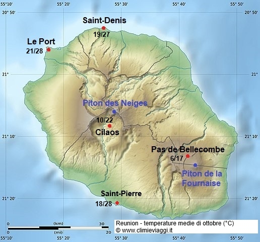 Reunion - mappa con le temperature medie a ottobre