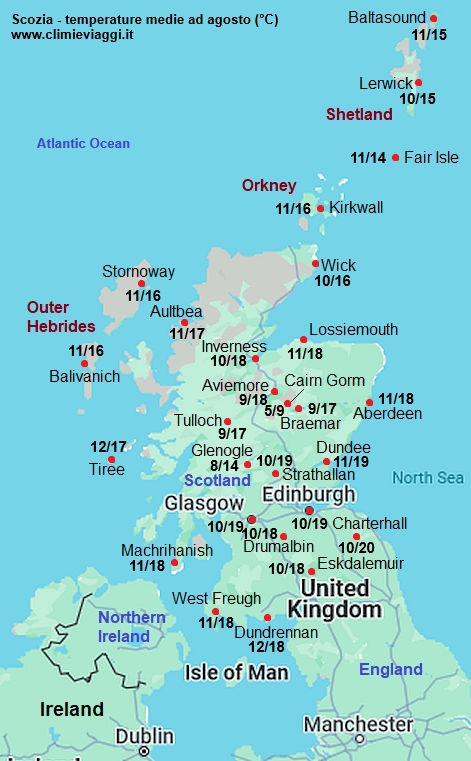 Scozia - mappa con le temperature medie a agosto