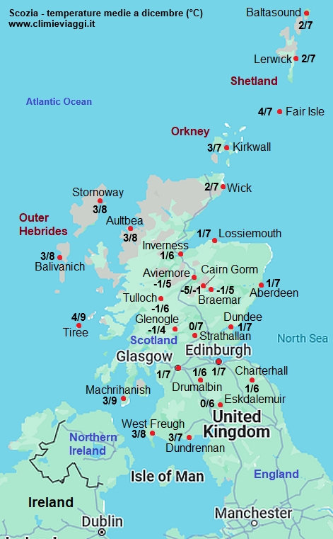 Scozia - mappa con le temperature medie a dicembre