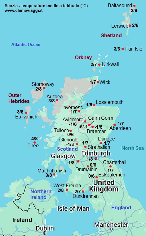 Scozia - mappa con le temperature medie a febbraio