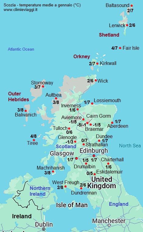 Scozia - mappa con le temperature medie a gennaio