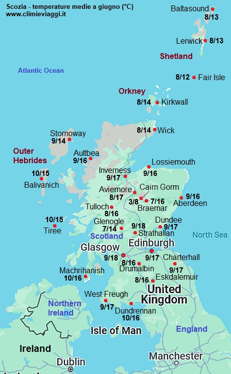 Scozia - mappa con le temperature medie a giugno