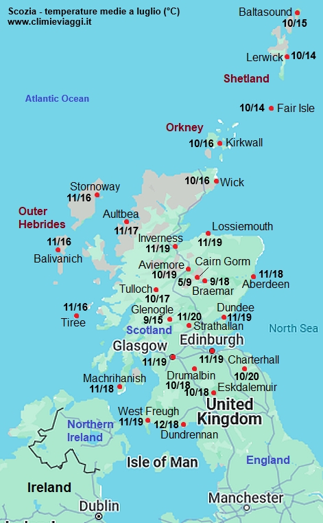 Scozia - mappa con le temperature medie a luglio