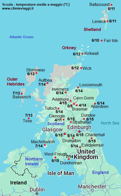 Scozia - mappa con le temperature medie a maggio