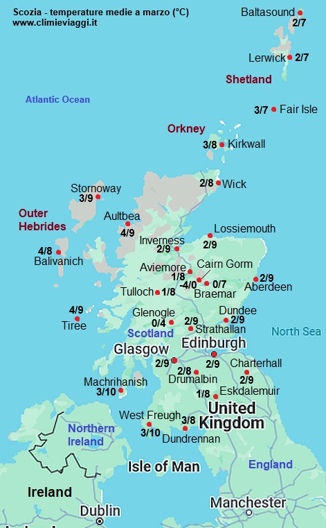 Scozia - mappa con le temperature medie a marzo