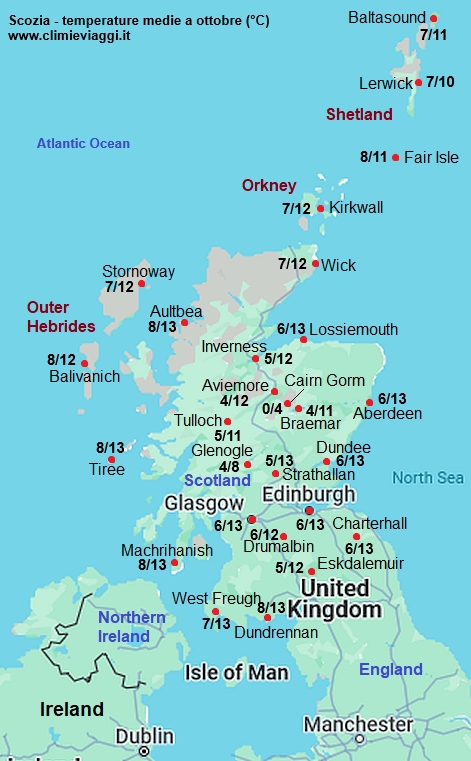 Scozia - mappa con le temperature medie a ottobre