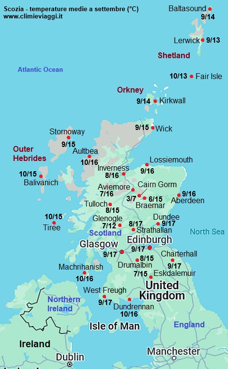 Scozia - mappa con le temperature medie a settembre