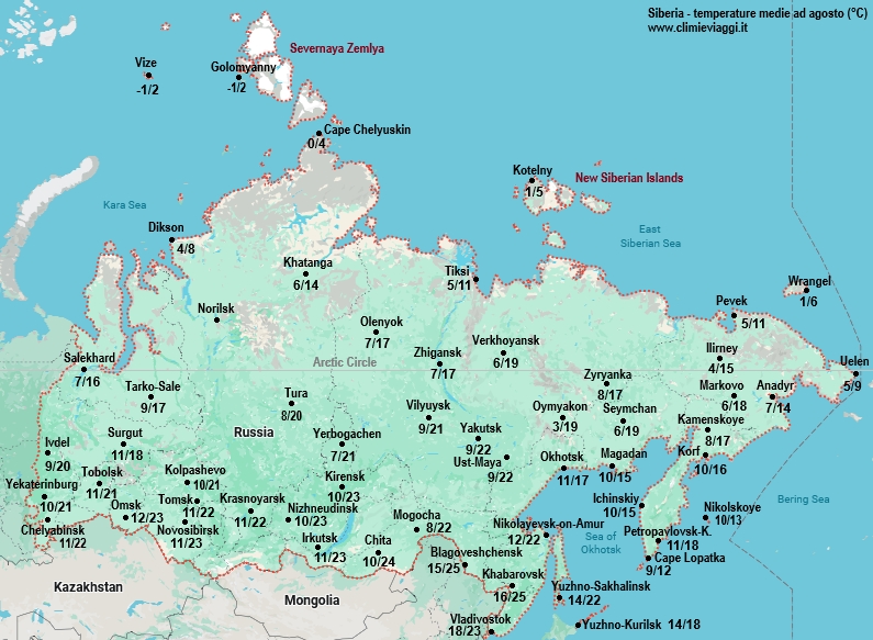 Siberia - mappa con le temperature medie a agosto