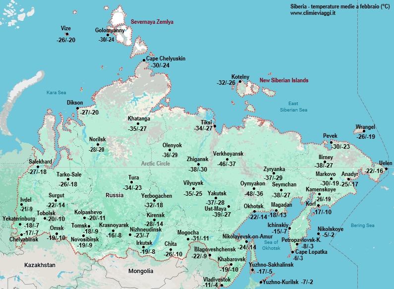 Siberia - mappa con le temperature medie a febbraio