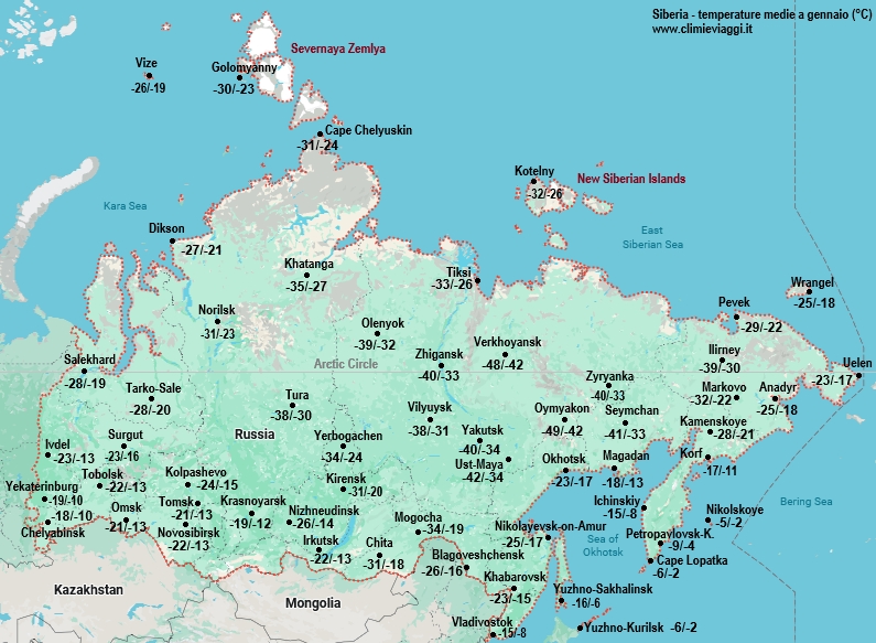Siberia - mappa con le temperature medie a gennaio