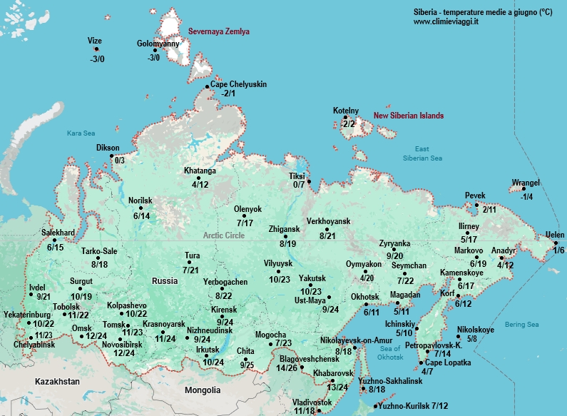 Siberia - mappa con le temperature medie a giugno