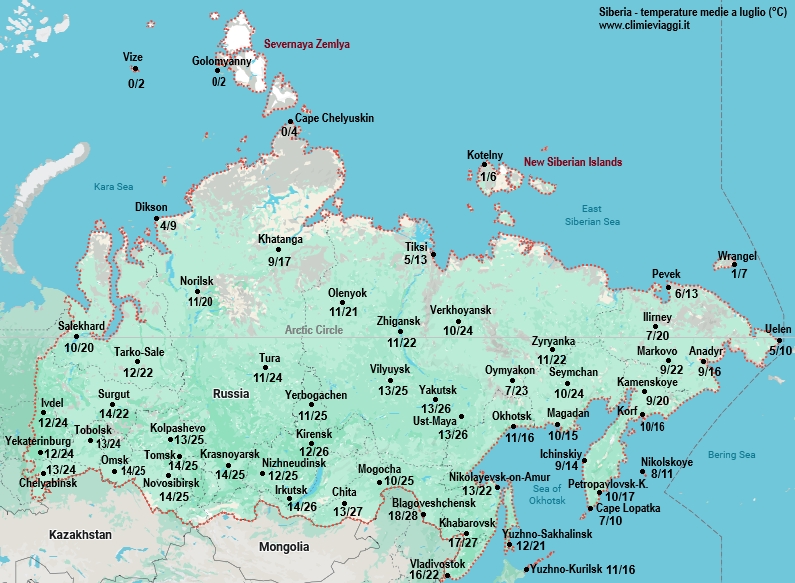 Siberia - mappa con le temperature medie a luglio