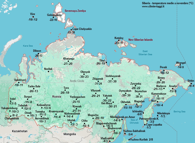 Siberia - mappa con le temperature medie a novembre