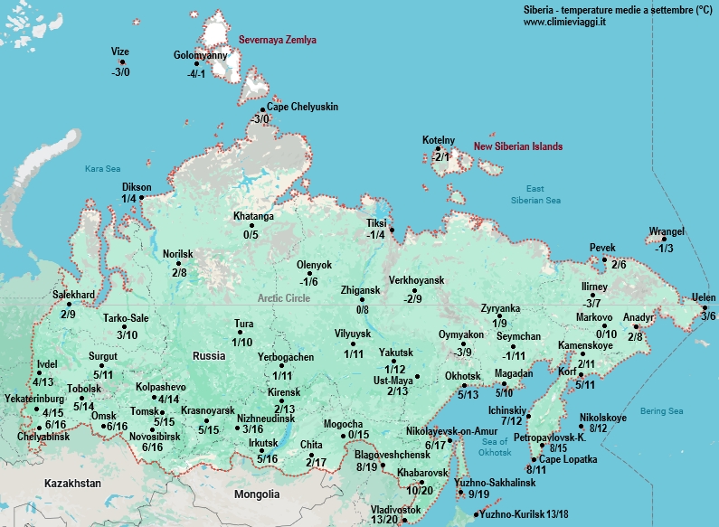 Siberia - mappa con le temperature medie a settembre
