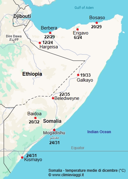 Somalia - mappa con le temperature medie a dicembre