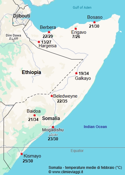 Somalia - mappa con le temperature medie a febbraio