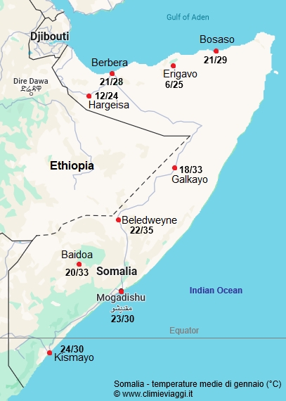 Somalia - mappa con le temperature medie a gennaio