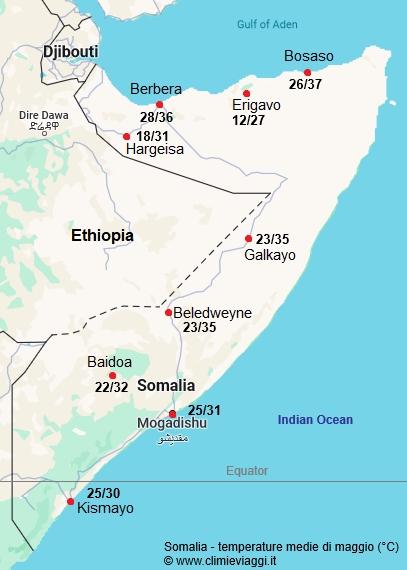 Somalia - mappa con le temperature medie a maggio