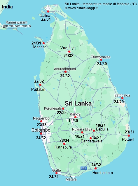 Sri Lanka - mappa con le temperature medie a febbraio