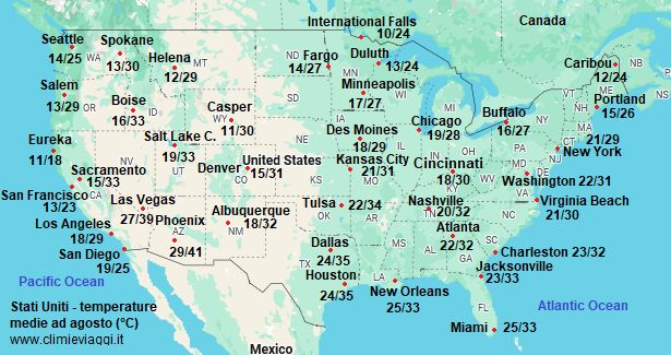 Stati Uniti - mappa con le temperature medie a agosto (minime e massime)