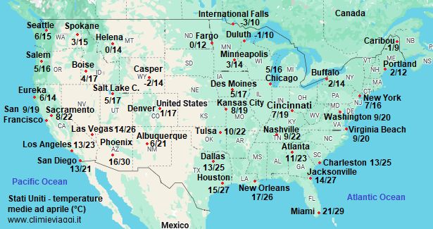 Stati Uniti - mappa con le temperature medie a aprile (minime e massime)