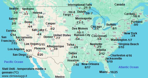 Stati Uniti - mappa con le temperature medie a gennaio (minime e massime)