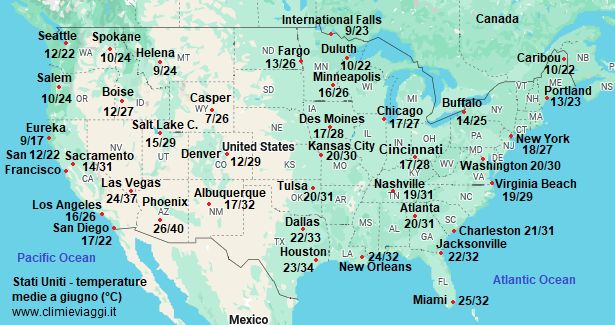 Stati Uniti - mappa con le temperature medie a giugno (minime e massime)