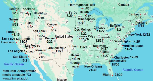 Stati Uniti - mappa con le temperature medie a maggio (minime e massime)