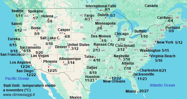Stati Uniti - mappa con le temperature medie a novembre (minime e massime)