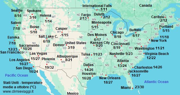 Stati Uniti - mappa con le temperature medie a ottobre (minime e massime)