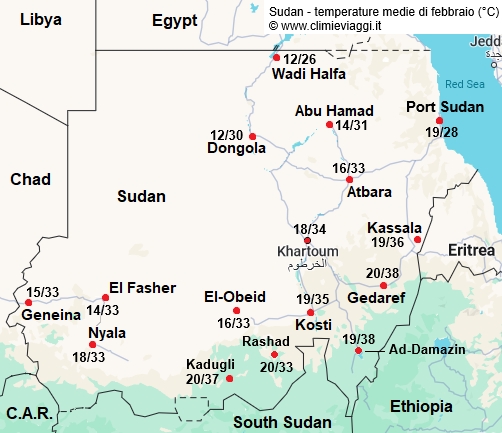 Sudan - mappa con le temperature medie a febbraio