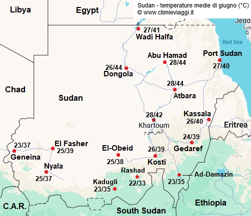 Sudan - mappa con le temperature medie a giugno