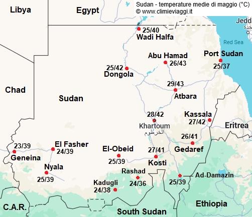 Sudan - mappa con le temperature medie a maggio