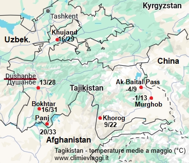 Tagikistan - mappa con le temperature medie a maggio