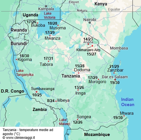 Tanzania - mappa con le temperature medie a agosto