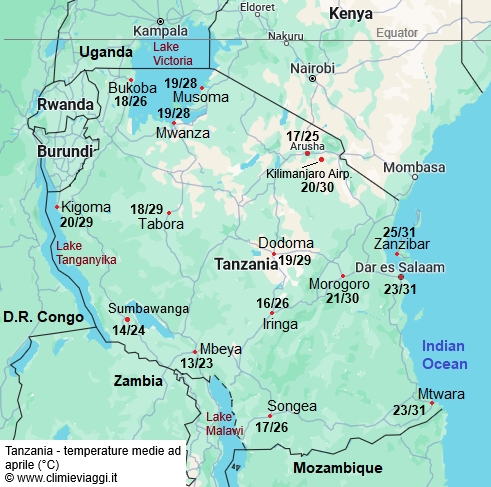 Tanzania - mappa con le temperature medie a aprile