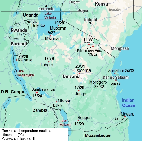 Tanzania - mappa con le temperature medie a dicembre