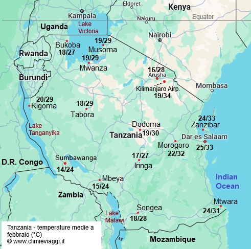 Tanzania - mappa con le temperature medie a febbraio