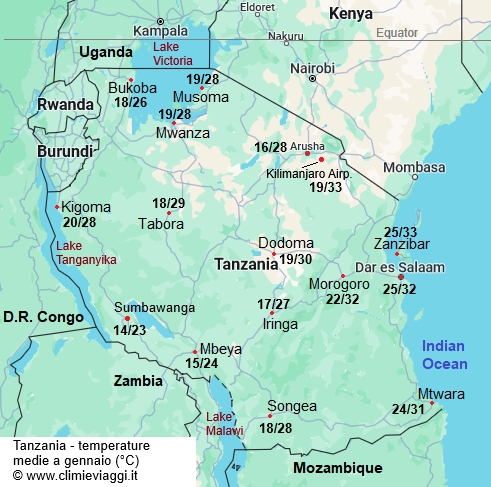 Tanzania - mappa con le temperature medie a gennaio