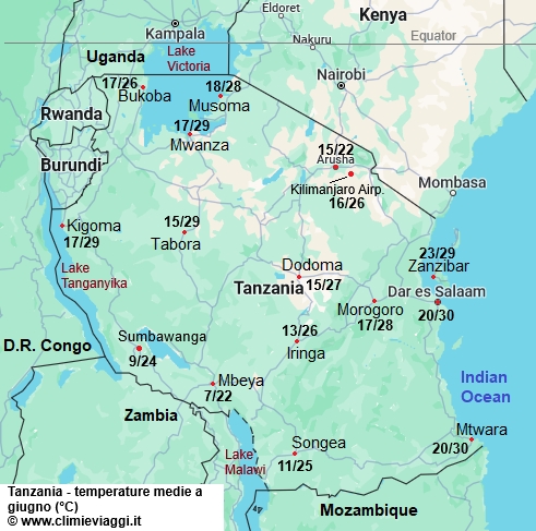 Tanzania - mappa con le temperature medie a giugno