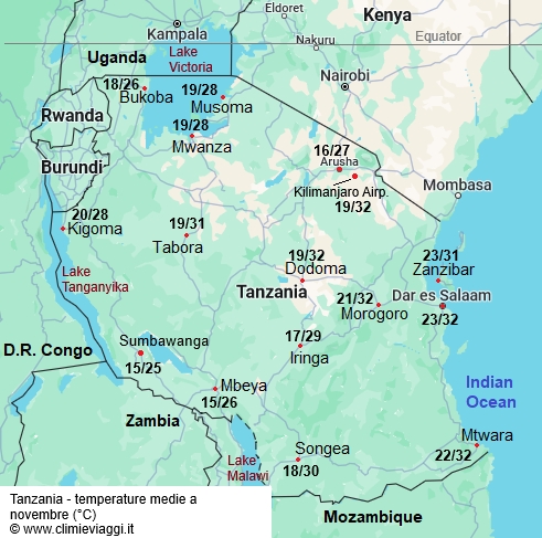 Tanzania - mappa con le temperature medie a novembre