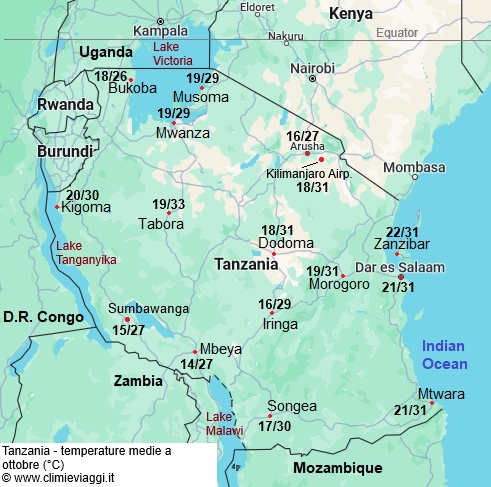 Tanzania - mappa con le temperature medie a ottobre