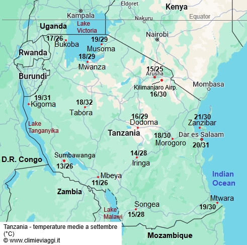 Tanzania - mappa con le temperature medie a settembre