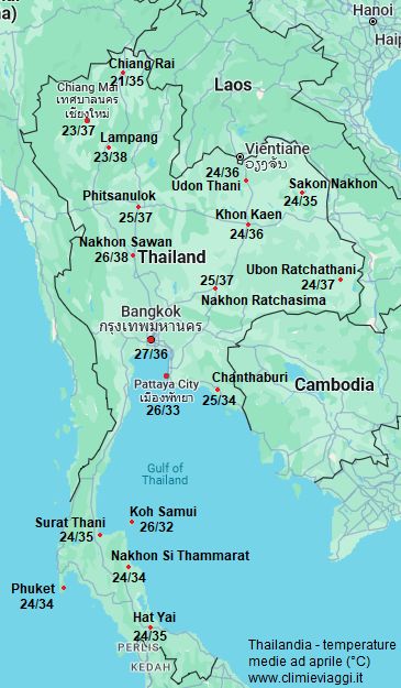 Thailandia - mappa con le temperature medie a aprile (minime e massime)